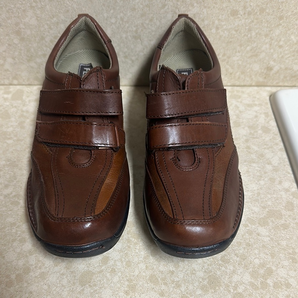 Brown Leather Loafers with Velcro Closure and Non-Slip Sole